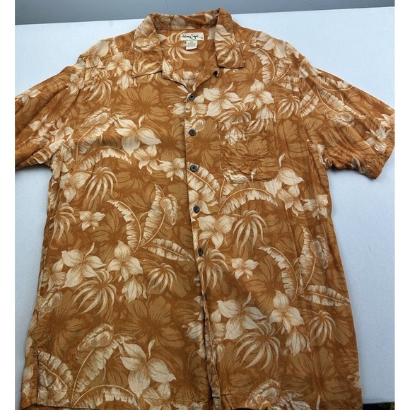 PANAMA JACK Hawaiian Shirt Men's Large Orange Short Sleeve Floral Tropical Rayon - Picture 1 of 11
